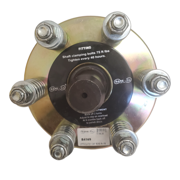 40 HP Slip Clutch With 1 3/8" Round Female And 1 3/8" Round Male B4169 Bare-co 40 HP Slip Clutch Part No. B4169 Diameter: 6" 1 3/8" Round Bore Female 1 3/8" Round Male 3/8" Keyway