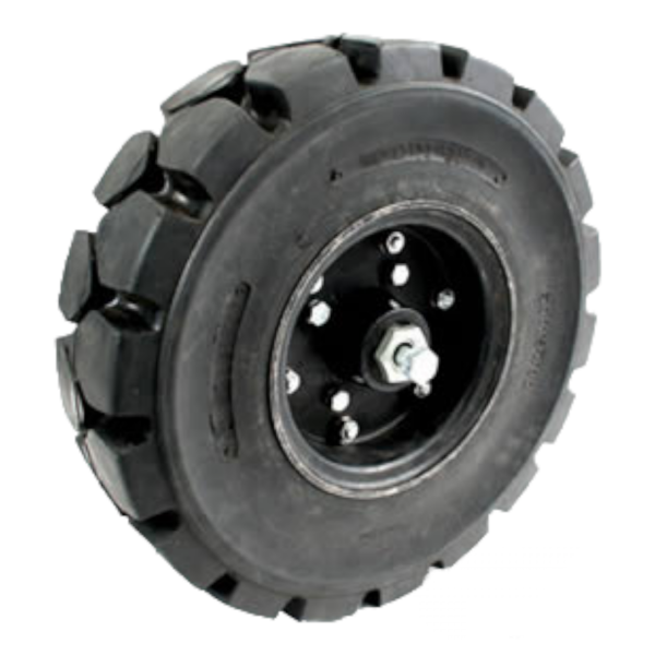 Heavy Duty Solid Cushion Tyre with Wheel and Hub Assembly B6438 Mfg.: Bare-co Part No.: B6438 Adjustable Tapered Roller Bearings. 1" dia Axle Bolt Included for Fork Mounting. 6" x 9" Tyre 21" OD x 6" wide 1/2" (12mm) thickness wheel.