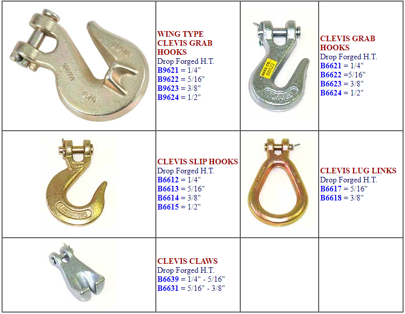 Grab Hooks and Clevis Claws hooks-claws High Tensile Hooks & Lugs
See chart below.
<span style="color:#ff0000">Not to be used for Lifting</span>